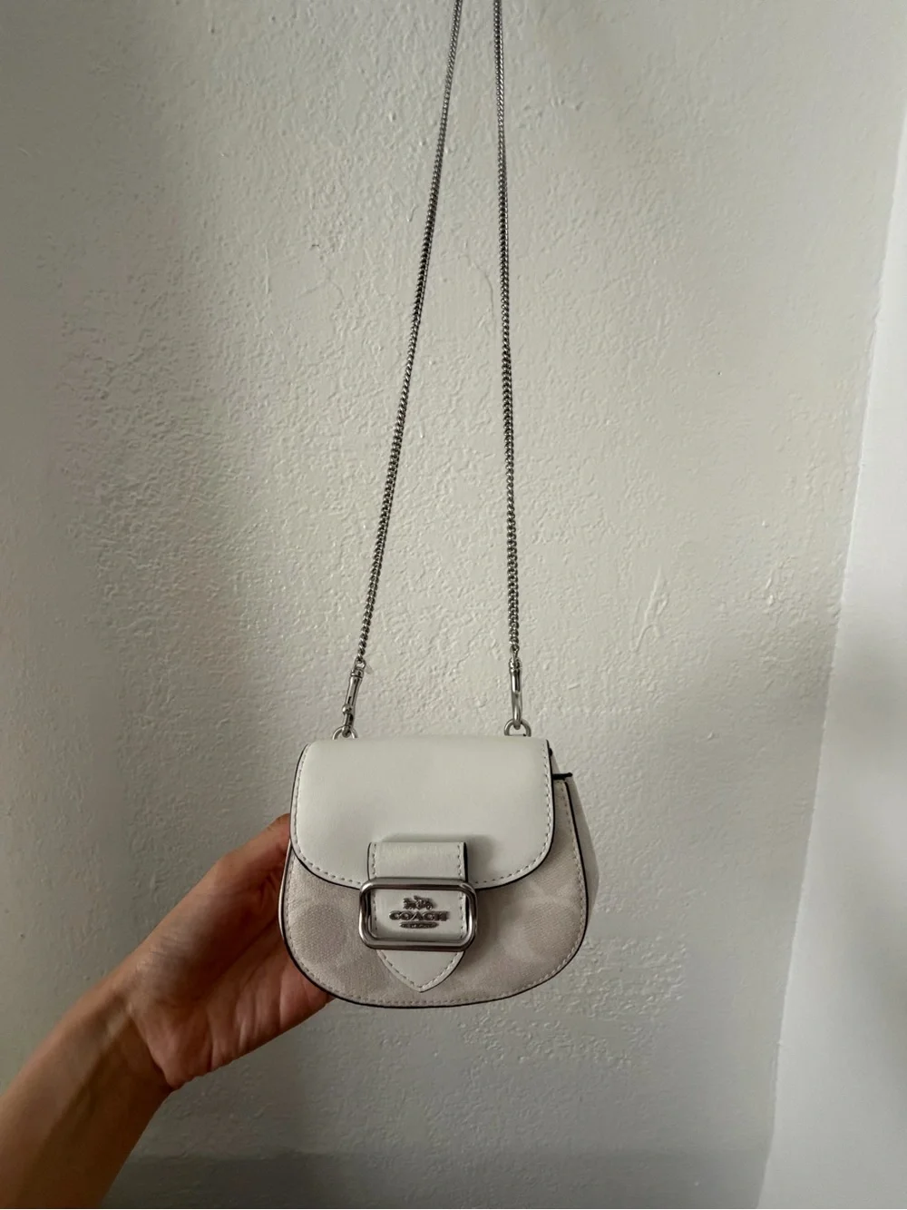 Coach White Leather Mini Saddle Bag with Silver Chain